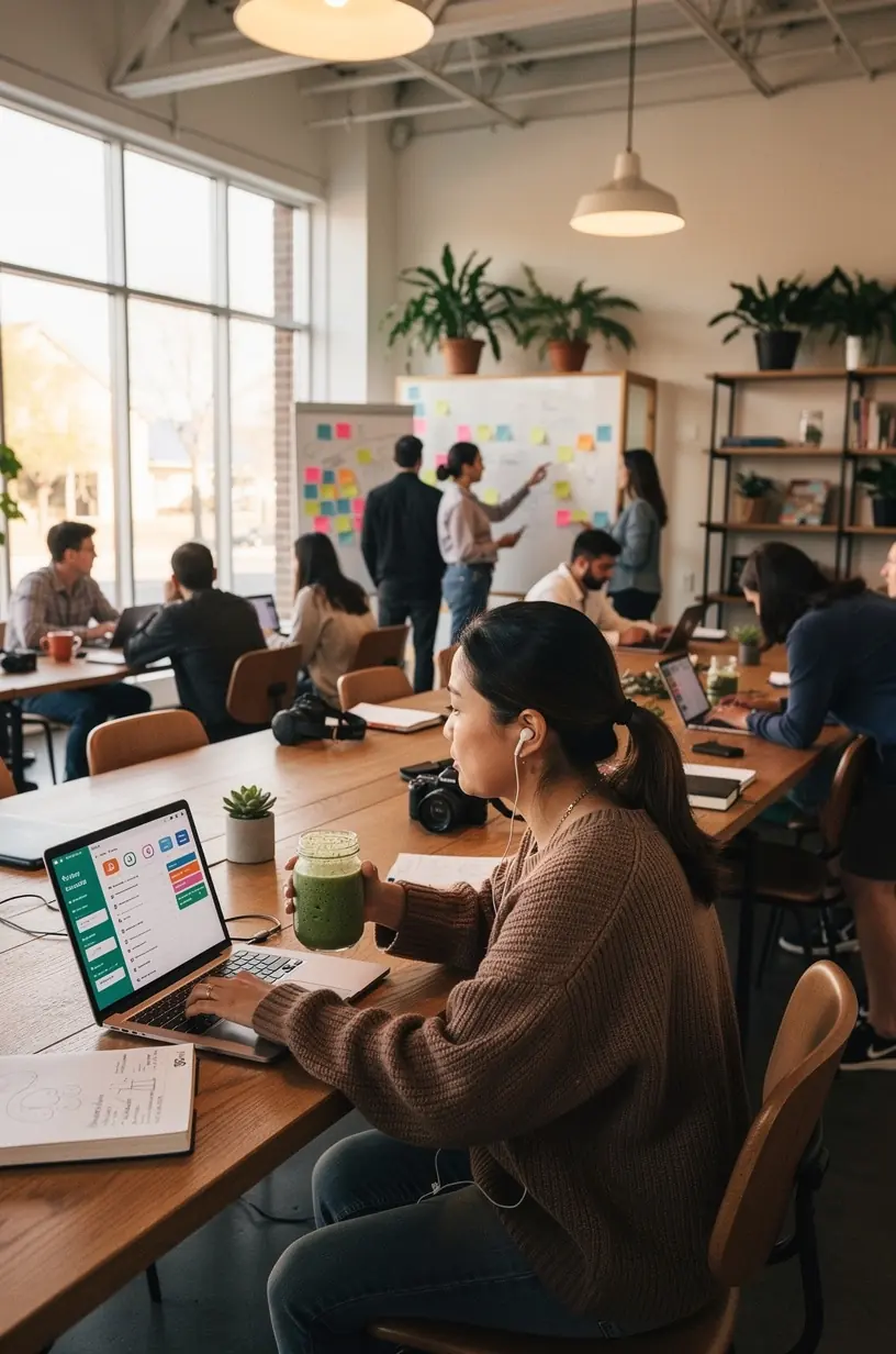 Team collaborating in a modern office discussing strategies for optimizing productivity systems.