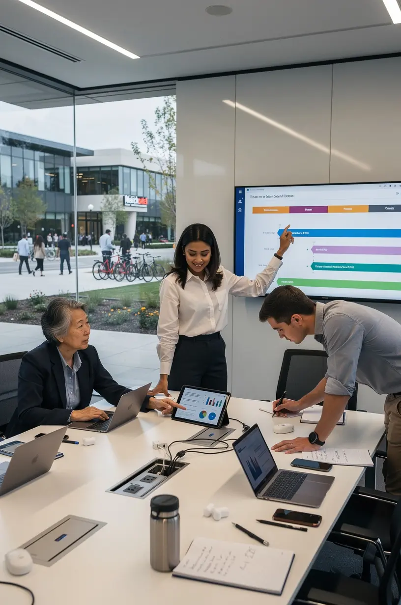 Desk setup with multiple monitors displaying project management tools and automation scripts in use.