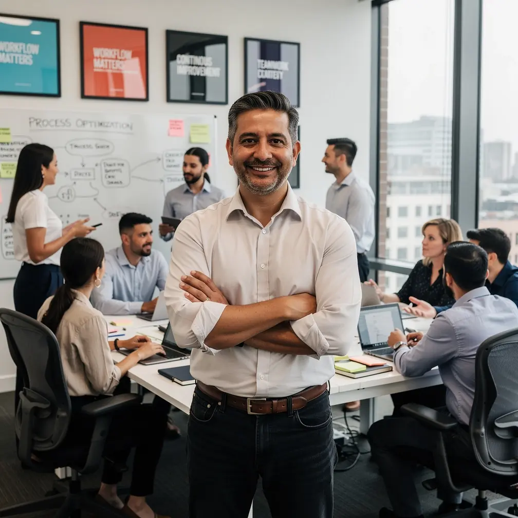 Professional workspace with dual monitors displaying workflow automation software and task management tools.